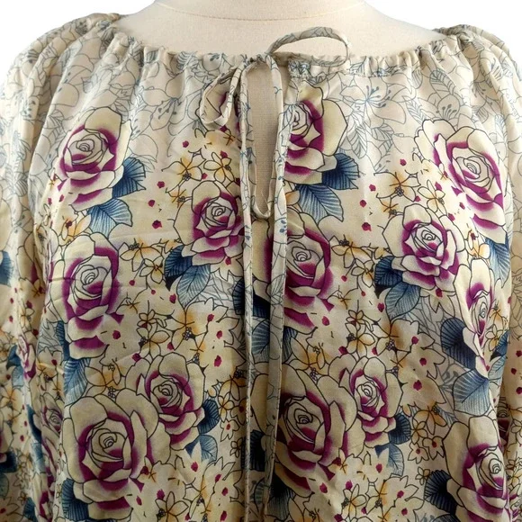 Gerard Darel Plum and Teal on Cream Silk Floral Tunic Blouse Size Small EUC - Picture 3 of 13